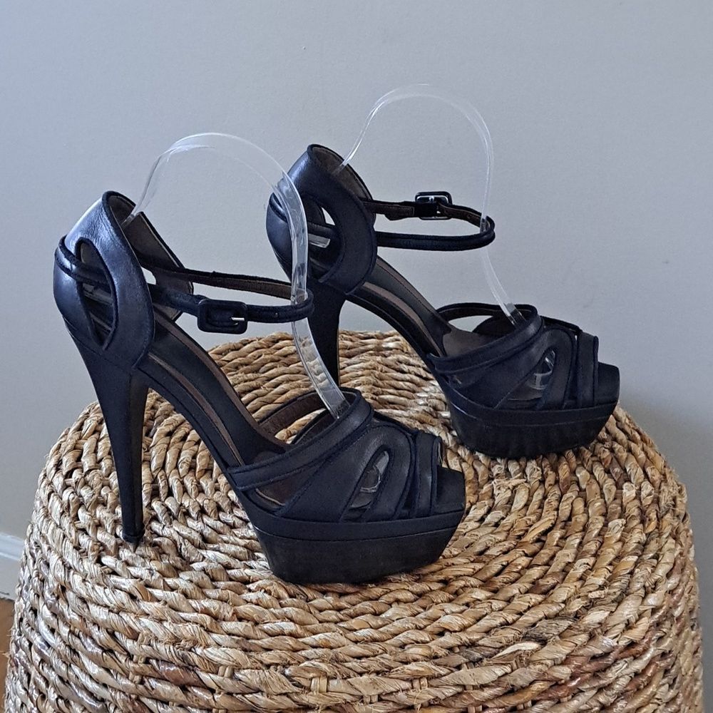 Marni Womens Metallic Black Leather‎ Open Toe Platform Heels Navy Suede Trim 8.5